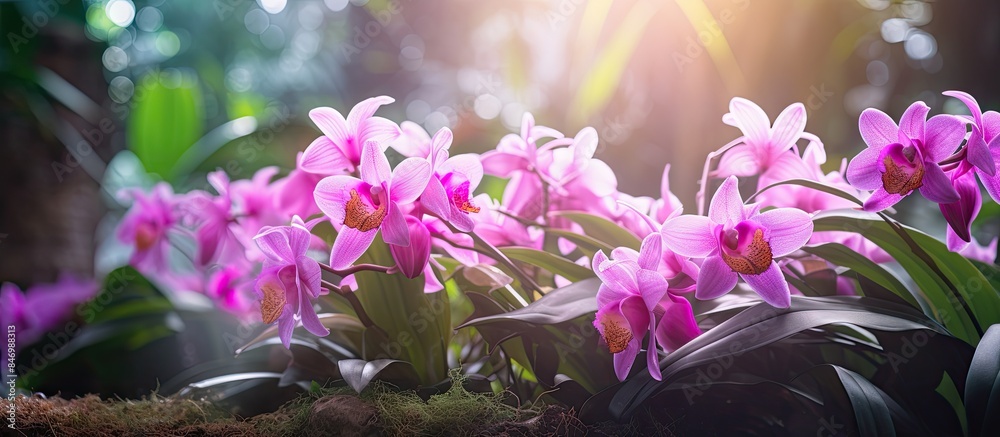Leinwandbilder vibrant purple flowers blooming in a garden, illuminated by sunlight filtering through the trees. wi