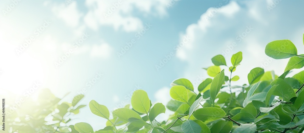 Poster Close-up view of a tree with vibrant green leaves against a clear blue sky in the afternoon sun, showcasing nature's beauty. with copy space image. Place for adding text or design