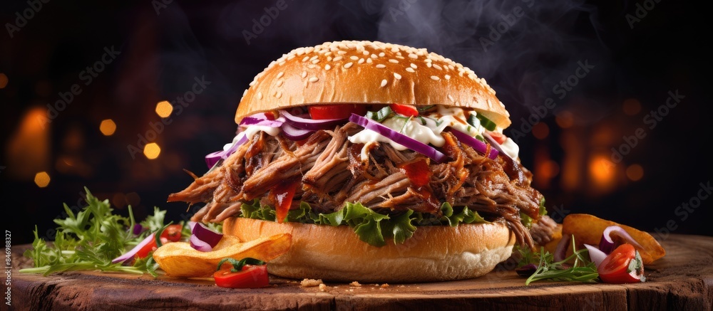 Fototapete Pulled pork sandwich featuring lettuce, tomato, and onions up close in a flavorful ensemble. with copy space image. Place for adding text or design