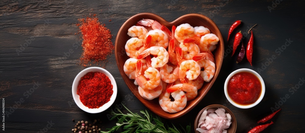 Leinwandbilder Close-up view of a bowl filled with shrimp seasoned with spices and pepper. with copy space image. Place for adding text or design