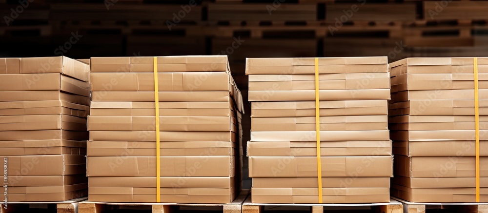 Poster Stacked package boxes wrapped in plastic film on pallets with L shape pallet corrugated paper cardboard angle corner edge protector in storage warehouse logistics. with copy space image