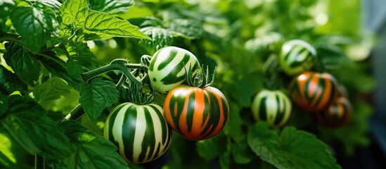 Striped Green Zebra tomatoes growing on branch in greenhouse, fresh tomatoes close up. with copy space image. Place for adding text or design