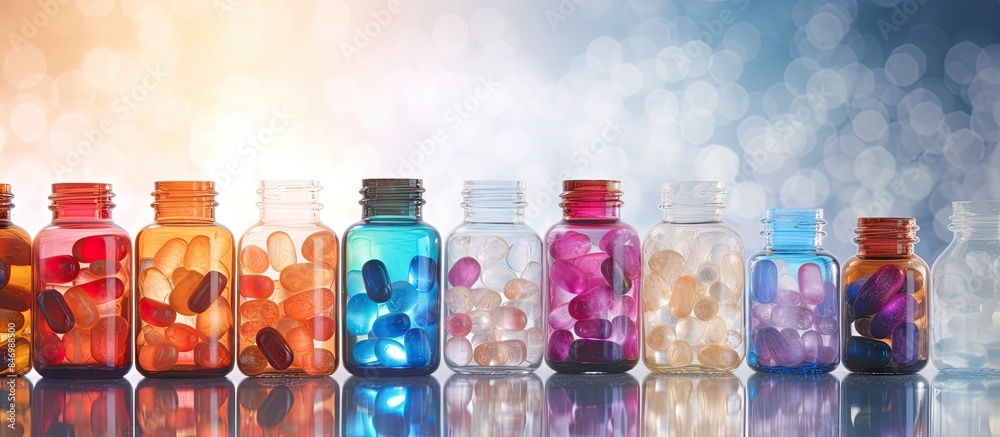 Aufkleber Different colored pills stored in multiple bottles displayed on a table surface. with copy space image. Place for adding text or design