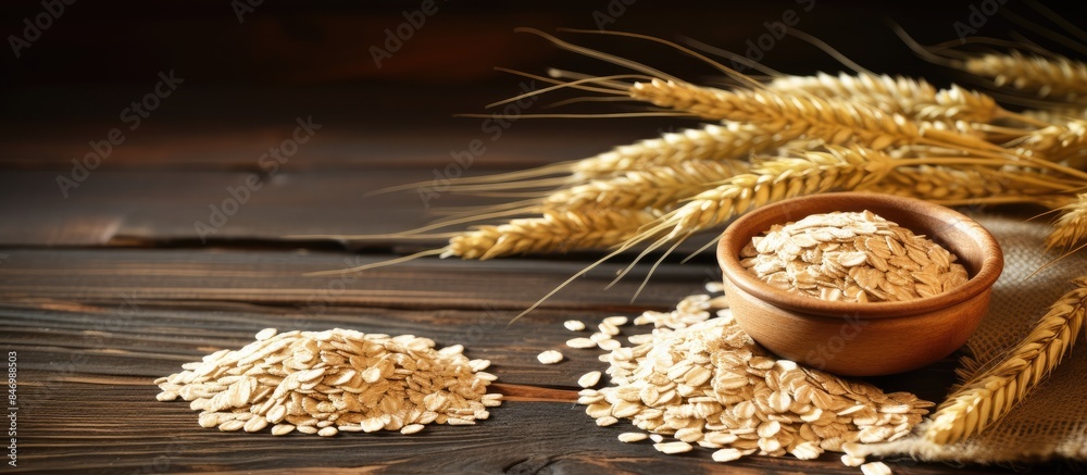 Aufkleber a close-up view of a bowl filled with oats placed next to some ears of wheat grains on a wooden tabl