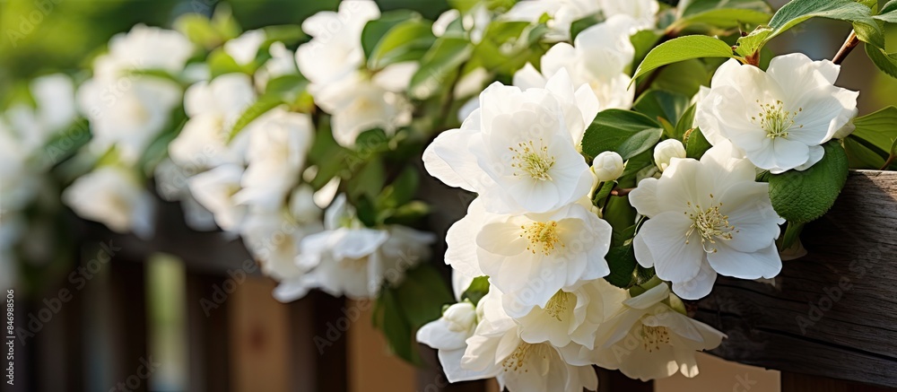 Leinwandbilder clusters of white flowers are perched on a sunlit wooden rail. with copy space image. place for addi