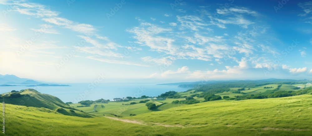 Fototapete Green grassy hill with a serene lake in the far distance. with copy space image. Place for adding text or design