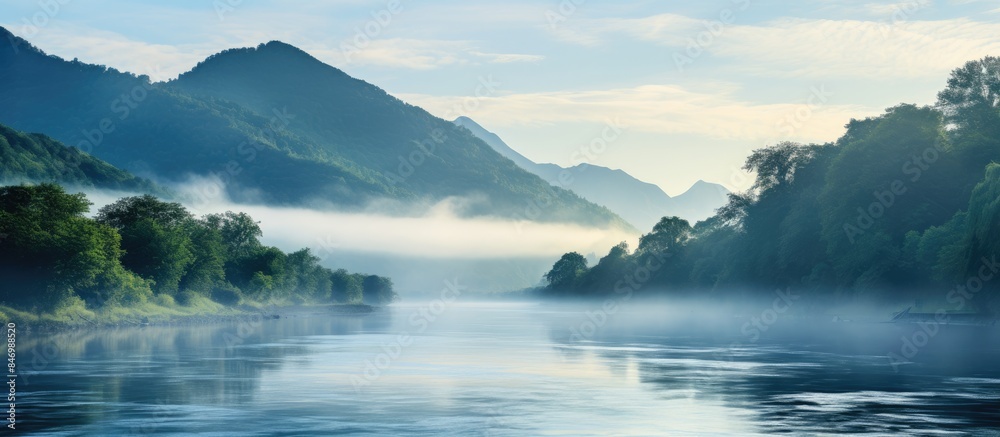 Poster Serene view of a river with a boat gliding through morning mist, surrounded by majestic mountains. with copy space image. Place for adding text or design