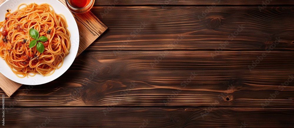 Leinwandbilder spaghetti noodles topped with rich tomato sauce and fresh basil served on a rustic wooden table, wit