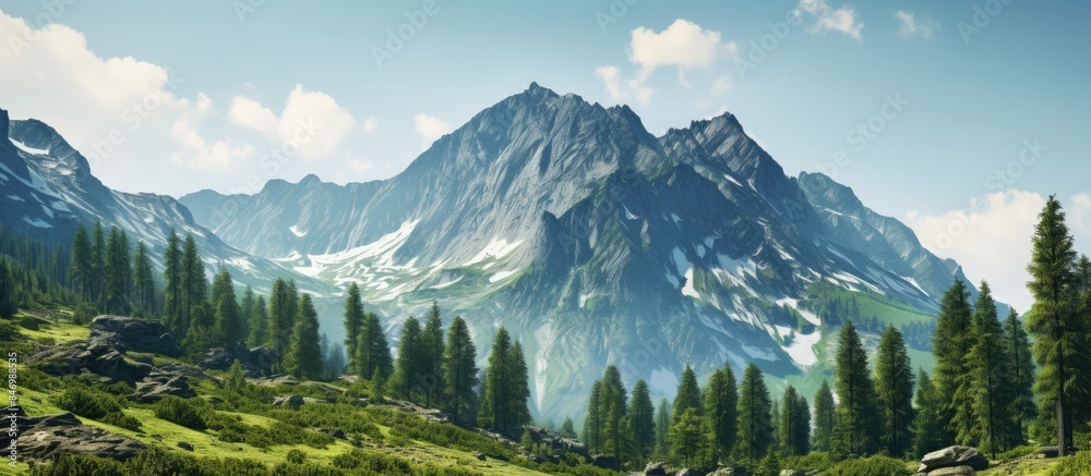 Poster tranquil lake surrounded by dense green forest with majestic mountains in the background. with copy 