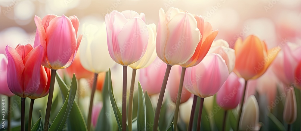 Fototapete Many pink and white tulips create a beautiful scene in the field, with soft focus and water droplets from a sprinkler on them. with copy space image. Place for adding text or design
