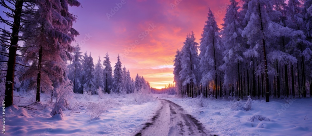Poster Vehicle with large wheel moving towards flames on dusty pathway in the forest. with copy space image. Place for adding text or design