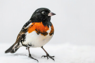 A robin perched on a snow-covered branch in a winter landscape