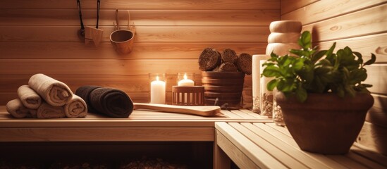 Close-up wooden sauna room showing traditional accessories like towels and candles. with copy space image. Place for adding text or design