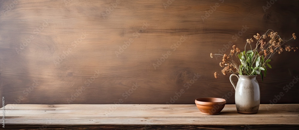 Fototapete table setting includes a vase with colorful flowers on a rustic wooden surface, creating a warm and 