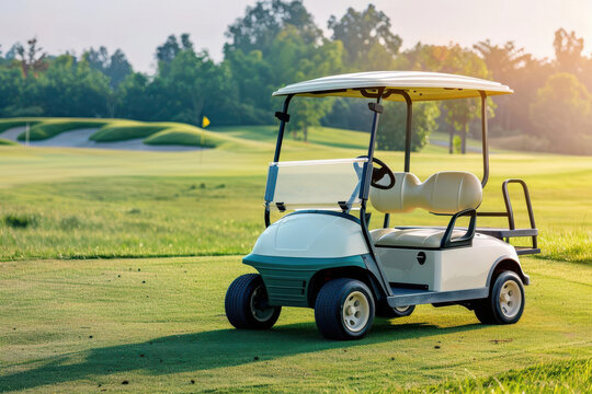 A golf cart parked on a lush green golf course, with a beautiful sunny sky and vibrant nature in the background.