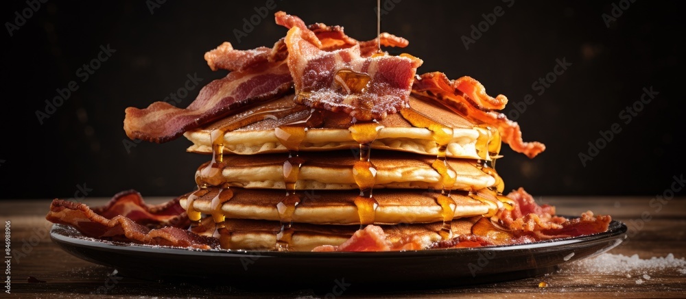 Poster stack of freshly made pancakes being drenched in sweet syrup, served with delicious bacon for breakf