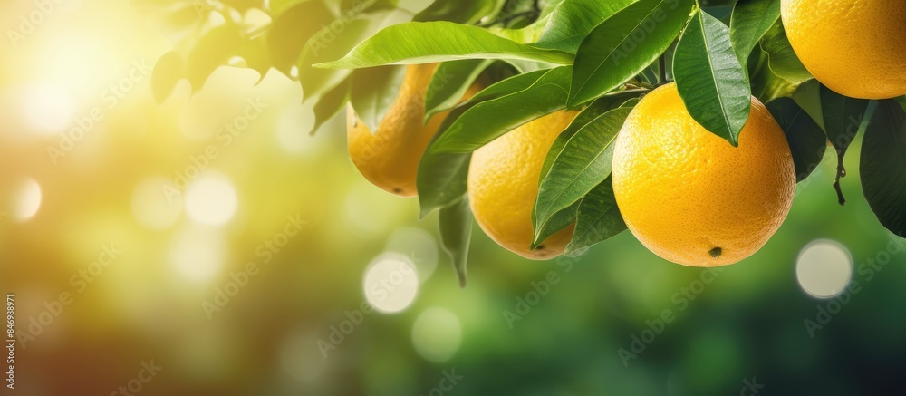 Poster Clusters of ripe oranges illuminated by sunlight hanging from tree branches, surrounded by green foliage. with copy space image. Place for adding text or design