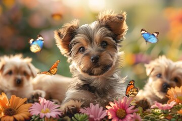 adorable dog background with puppies and butterflies