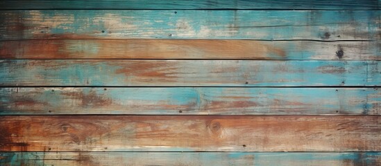 Obraz premium Decrepit vintage wooden backdrop showing signs of wear with a mixture of blue and brown paint peeling off. with copy space image. Place for adding text or design