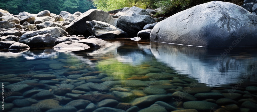 Leinwandbilder Rock sits prominently in the middle of flowing river with clear reflection in background. with copy space image. Place for adding text or design