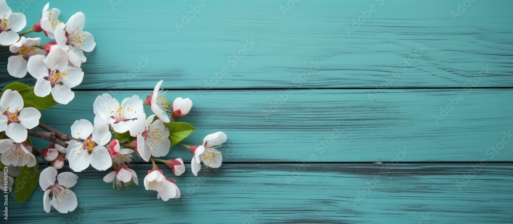 Aufkleber close-up of a tree branch adorned with delicate white flowers in full bloom. with copy space image. 