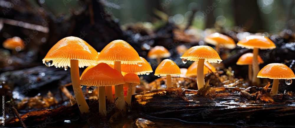 Fototapete cluster of fungi flourishing on a fallen log in the woodland environment. with copy space image. pla