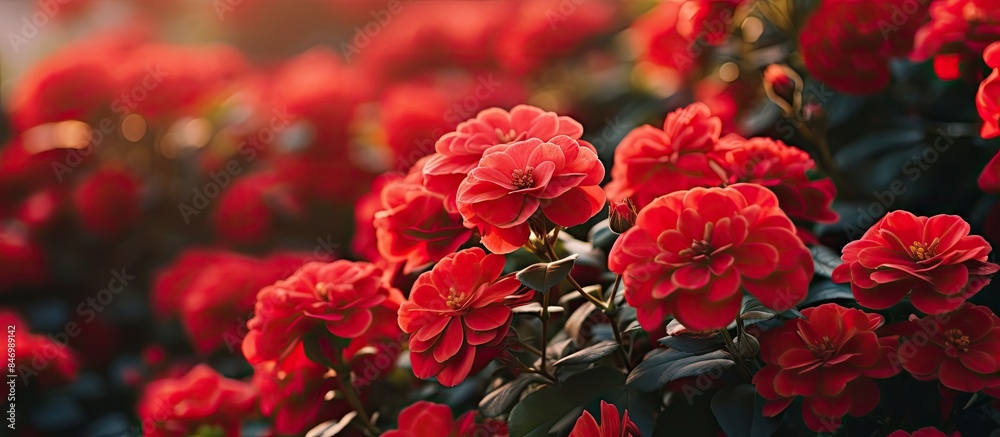 Poster numerous red flowers thriving on a flowerbed in the garden. with copy space image. place for adding 