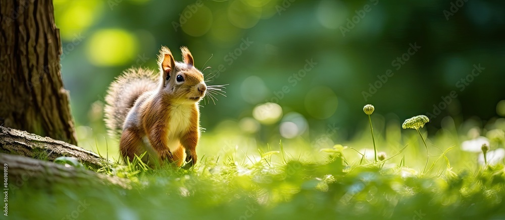 Poster a cute squirrel is seen standing near a tree in a lush green park, looking around and possibly jumpi