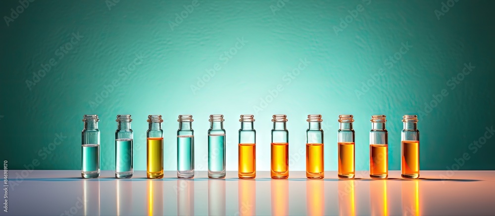 Poster Multiple oil bottles are organized in a row on the table, with one medical ampoule of a different color placed among them. with copy space image. Place for adding text or design