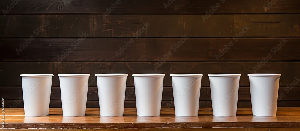 Poster Six white cups are neatly lined up on a wooden table with a wooden background. with copy space image. Place for adding text or design