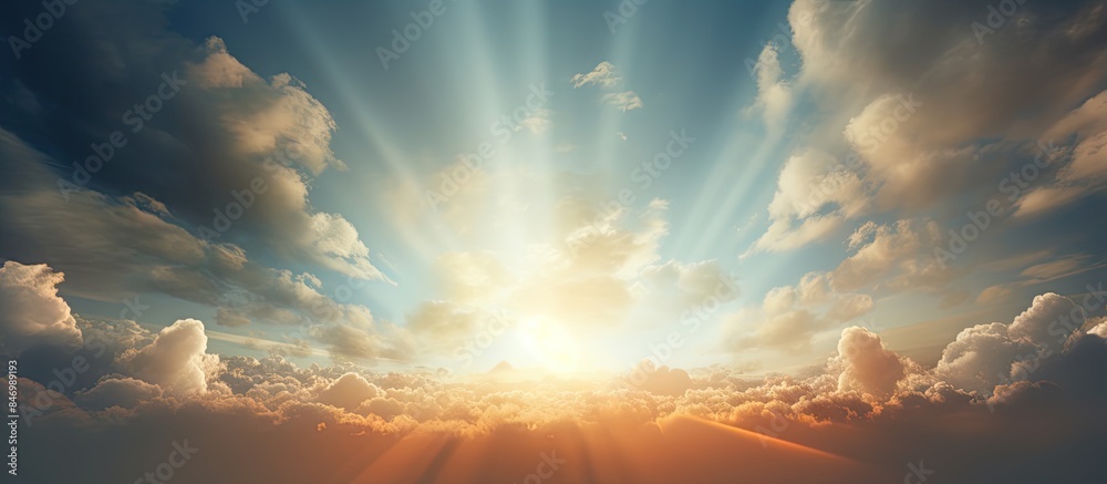 Leinwandbilder Sunshine radiates through dense clouds in the sky, creating a mesmerizing scene of nature's beauty. with copy space image. Place for adding text or design