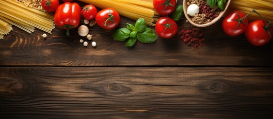 Various fresh ingredients including pasta, tomatoes, basil, garlic, and more arranged on a wooden table for a pasta cooking concept. with copy space image. Place for adding text or design