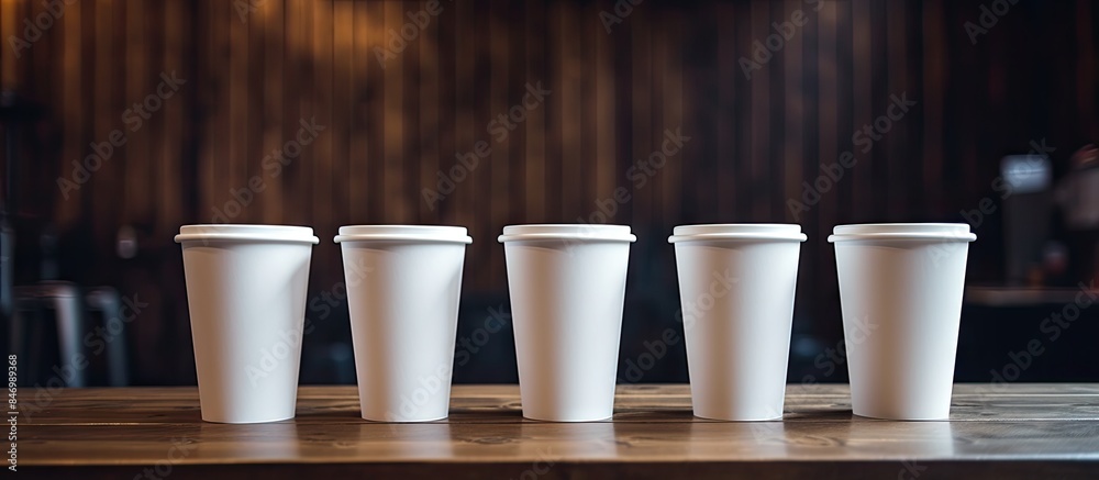 Poster four white disposable cups placed neatly on a wooden table. with copy space image. place for adding 