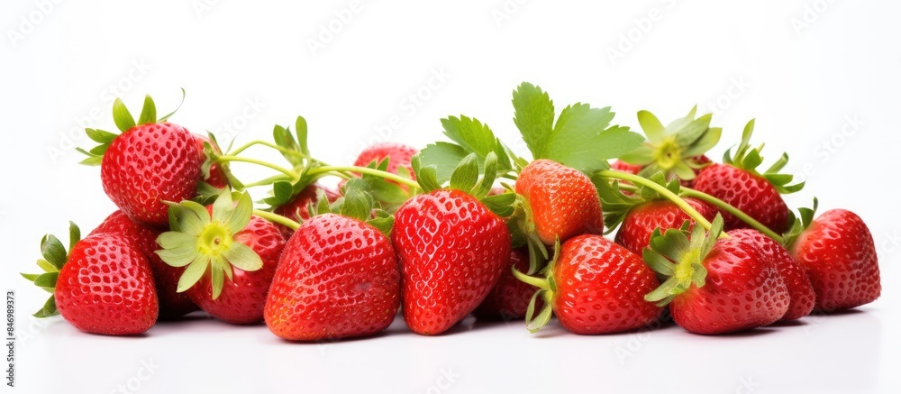 Poster a cluster of natural strawberries with green leaves displayed on a clean white surface. with copy sp