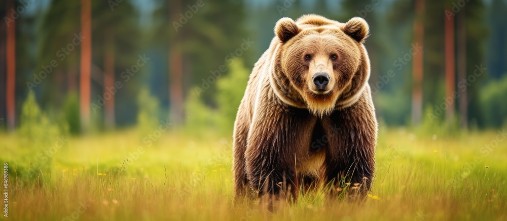 Poster adult brown bear of the species ursus arctos stands in a field of tall grass. with copy space image.