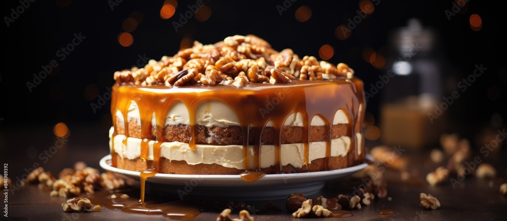 Leinwandbilder delicious cake topped with rich caramel and crunchy pecans, creating a mouthwatering dessert treat. 