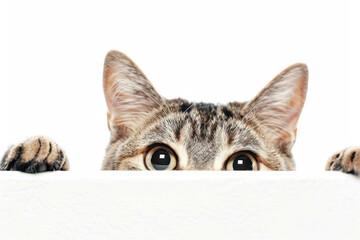 Cute tabby cat peeking over a blank white surface with curious eyes and paws visible, isolated on a...