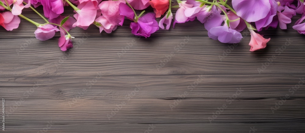 Poster pink and purple sweet pea lathyrus odoratus blossoms arranged on a rustic wooden table contrasting a