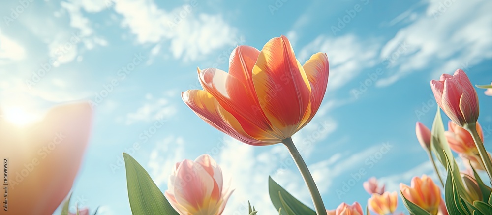 Leinwandbilder vibrant tulips blossom in a field against a clear blue sky backdrop, capturing the essence of spring