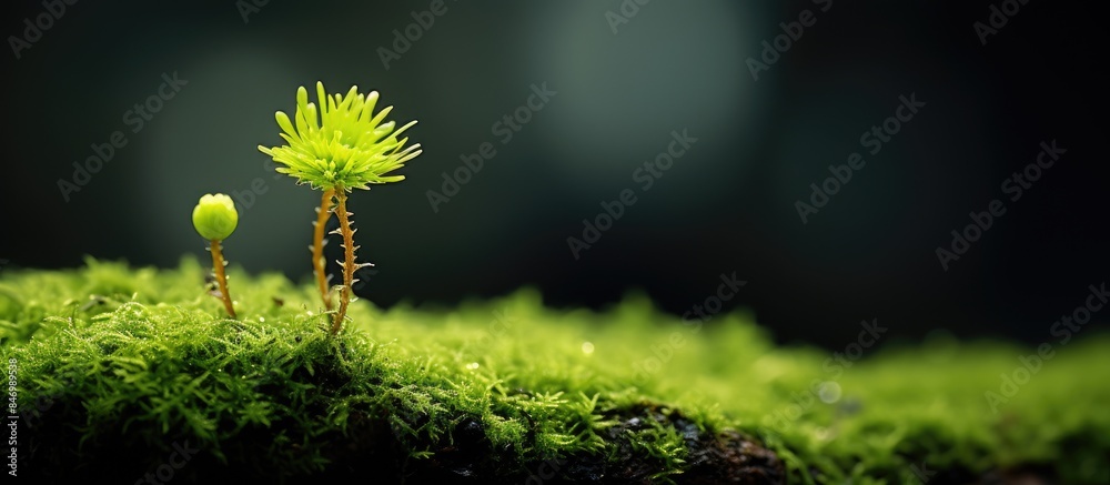 Poster plant sprouting from rock covered in green moss, showcasing natural resilience and growth. with copy