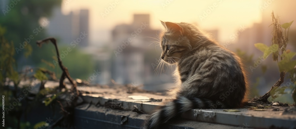Poster Capturing a melancholic homeless cat perched on a rooftop, surrounded by trees, resonating with the theme of homelessness for animals. with copy space image. Place for adding text or design