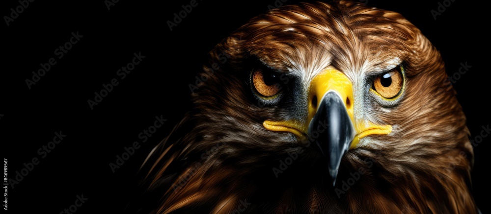 Poster majestic spotted eagle bird shown up close on a solid black background. with copy space image. place