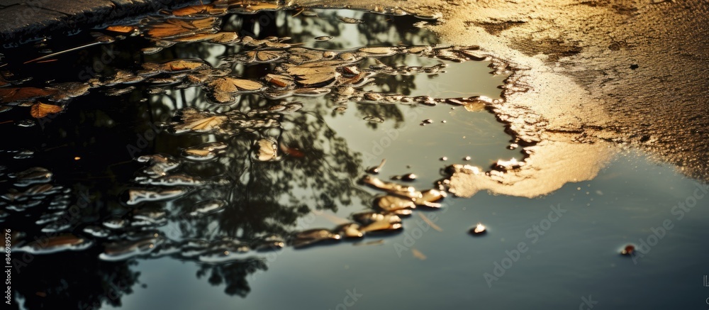 Aufkleber Reflection of a tree displayed in a puddle of rainwater on the ground, creating a serene natural scene. with copy space image. Place for adding text or design