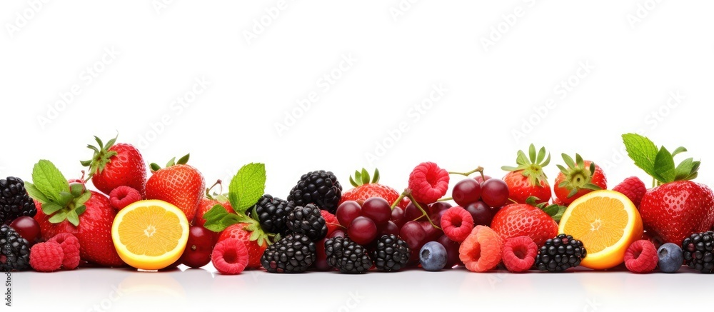 Leinwandbilder assortment of various ripe, sweet fruits and berries displayed together on a clean white background.