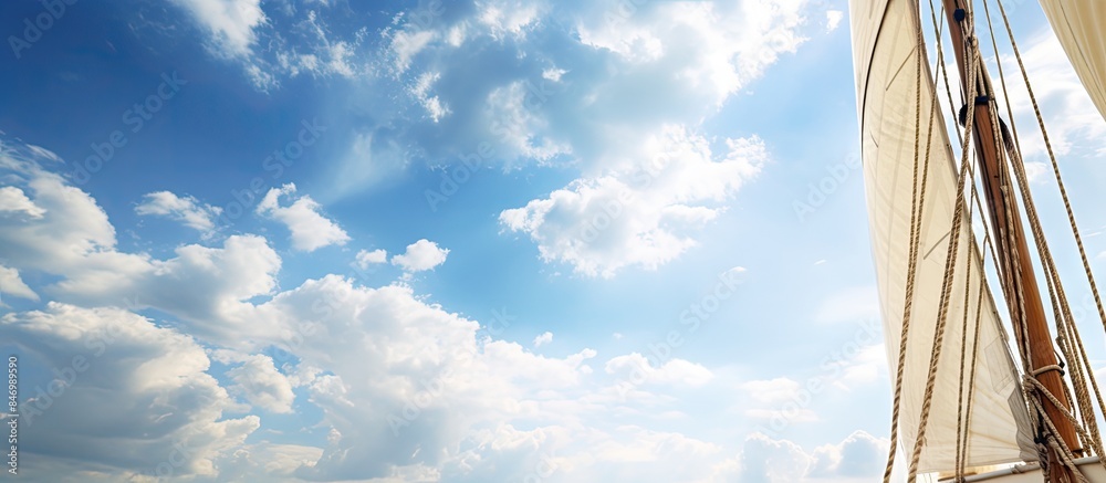 Poster Sailboat with billowing sails navigates serene waters under overcast sky, creating a picturesque scene. with copy space image. Place for adding text or design