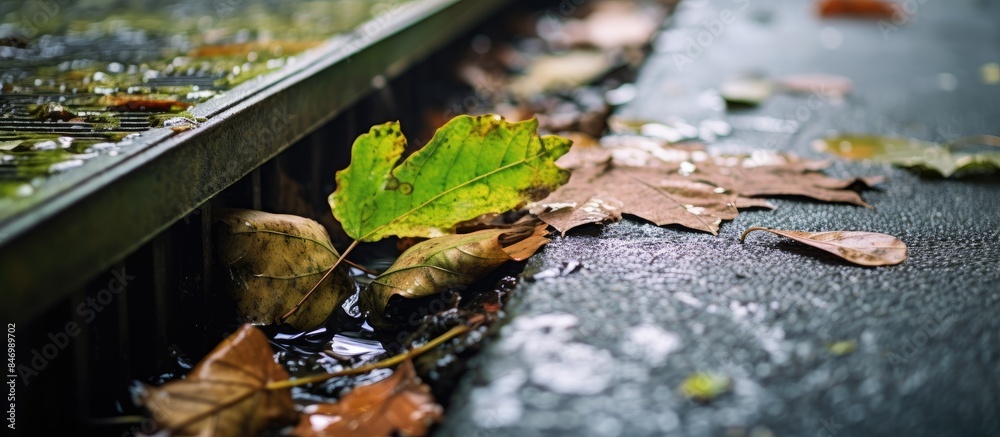 Poster Leaf resting near a clogged street water drain by debris obstructing rainwater flow. with copy space image. Place for adding text or design