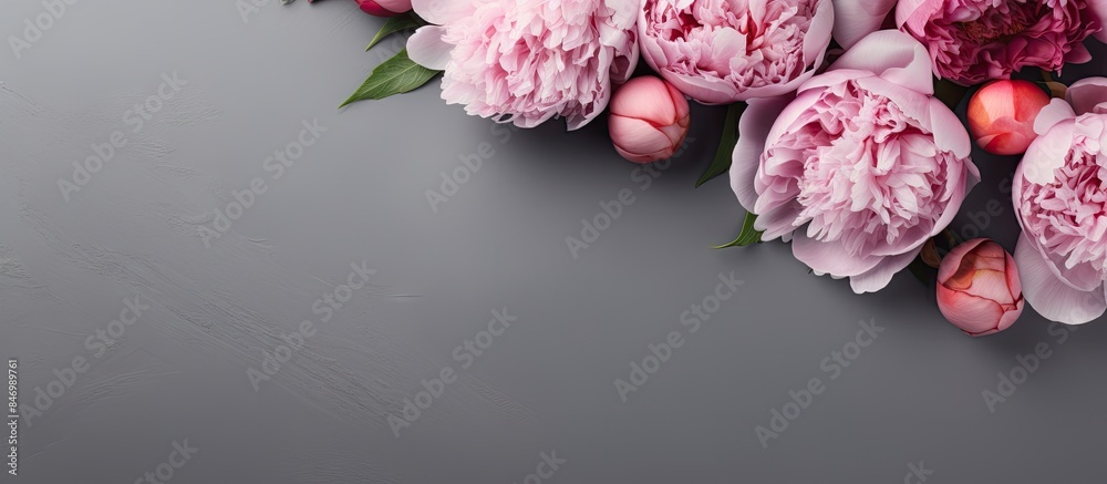 Fototapete lovely pink peonies arranged on a simple grey background, perfect for various design projects. with 
