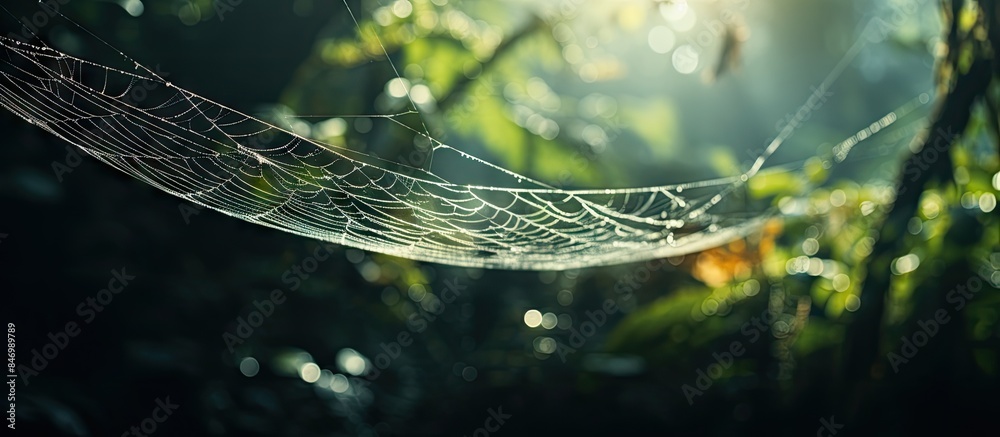 Fototapete Capturing the intricate details of a spiderweb nestled in the heart of a dense forest, illuminated by selective focus. with copy space image. Place for adding text or design