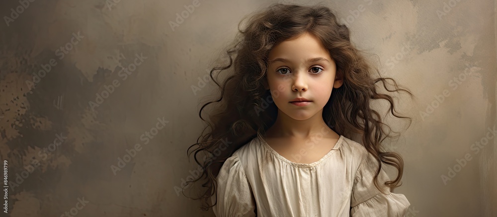 Poster young girl with long hair, wearing a white dress, poses in a studio setting while gazing directly at