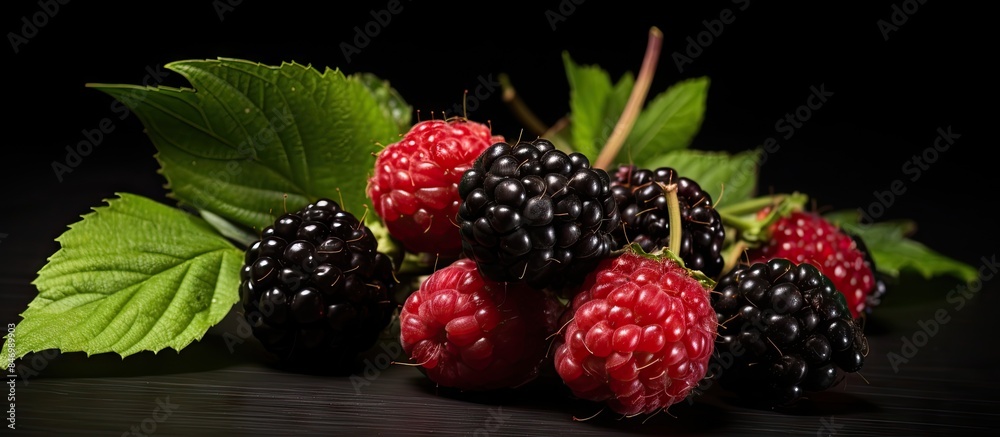 Fototapete a display of ripe blackberries and raspberries, accompanied by green leaves, placed on a flat surfac